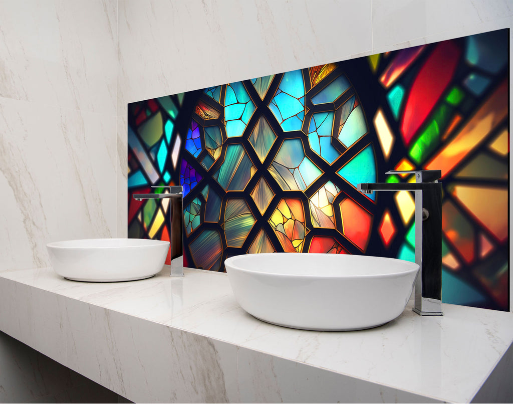 two white bowls on a counter in front of a stained glass wall