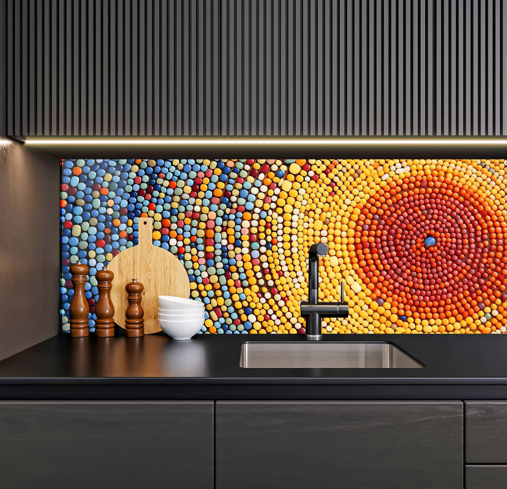 a kitchen with a sink and a painting on the wall