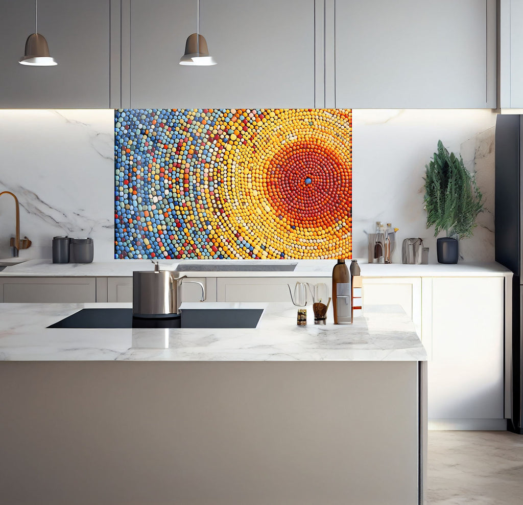 a kitchen with a large painting on the wall