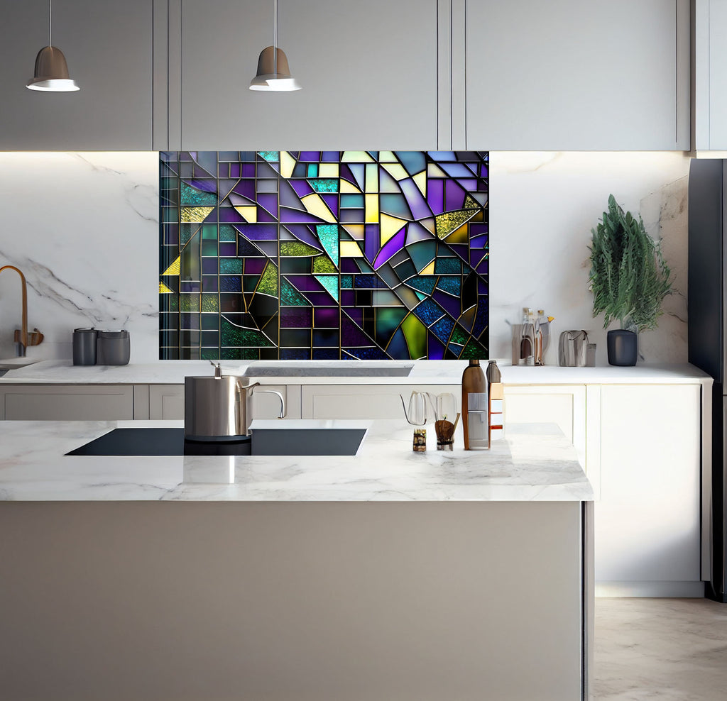 a kitchen with a marble counter top and a painting on the wall