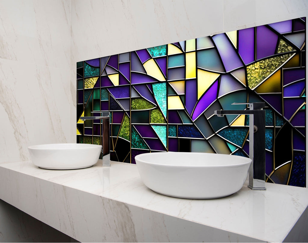 a bathroom with two sinks and a mosaic wall