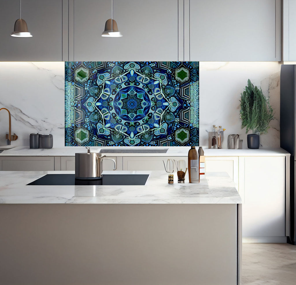 a kitchen with a marble counter top and a painting on the wall