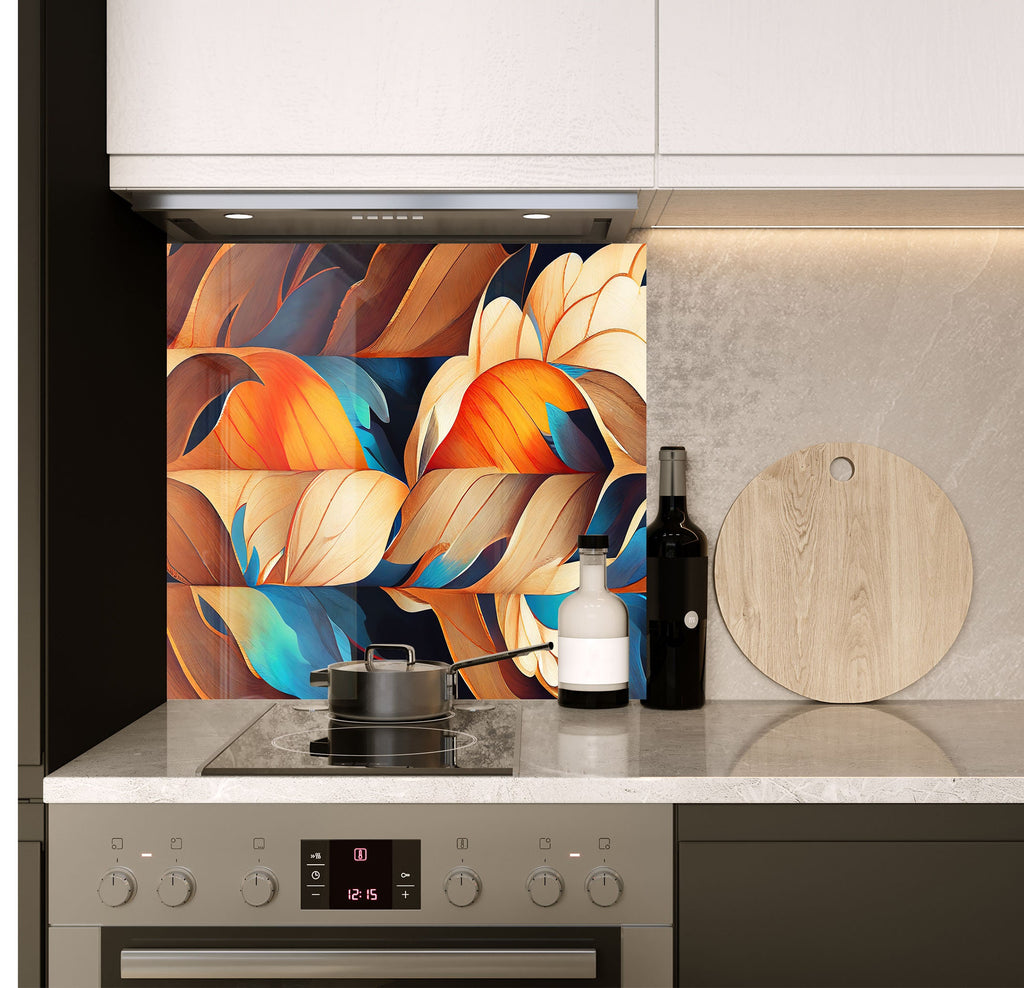 a stove top oven sitting under a painting on a wall