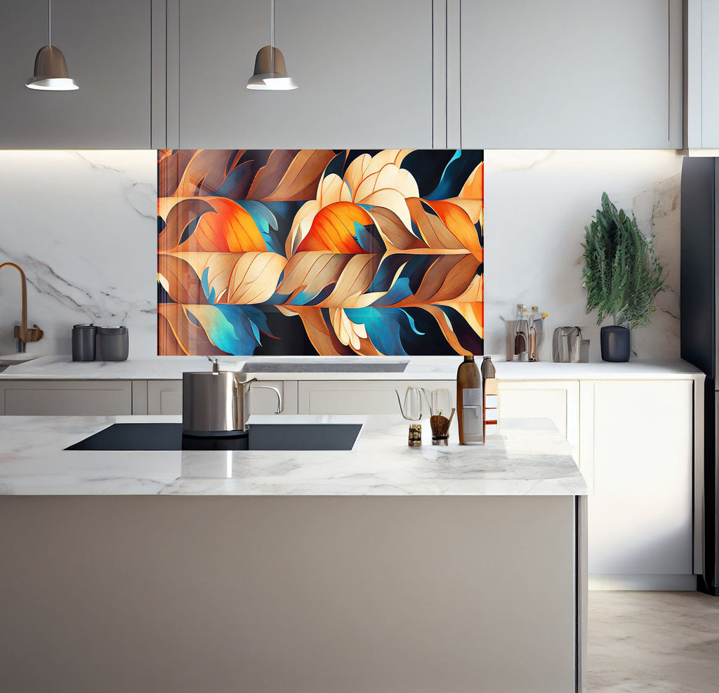 a kitchen with a marble counter top and a painting on the wall