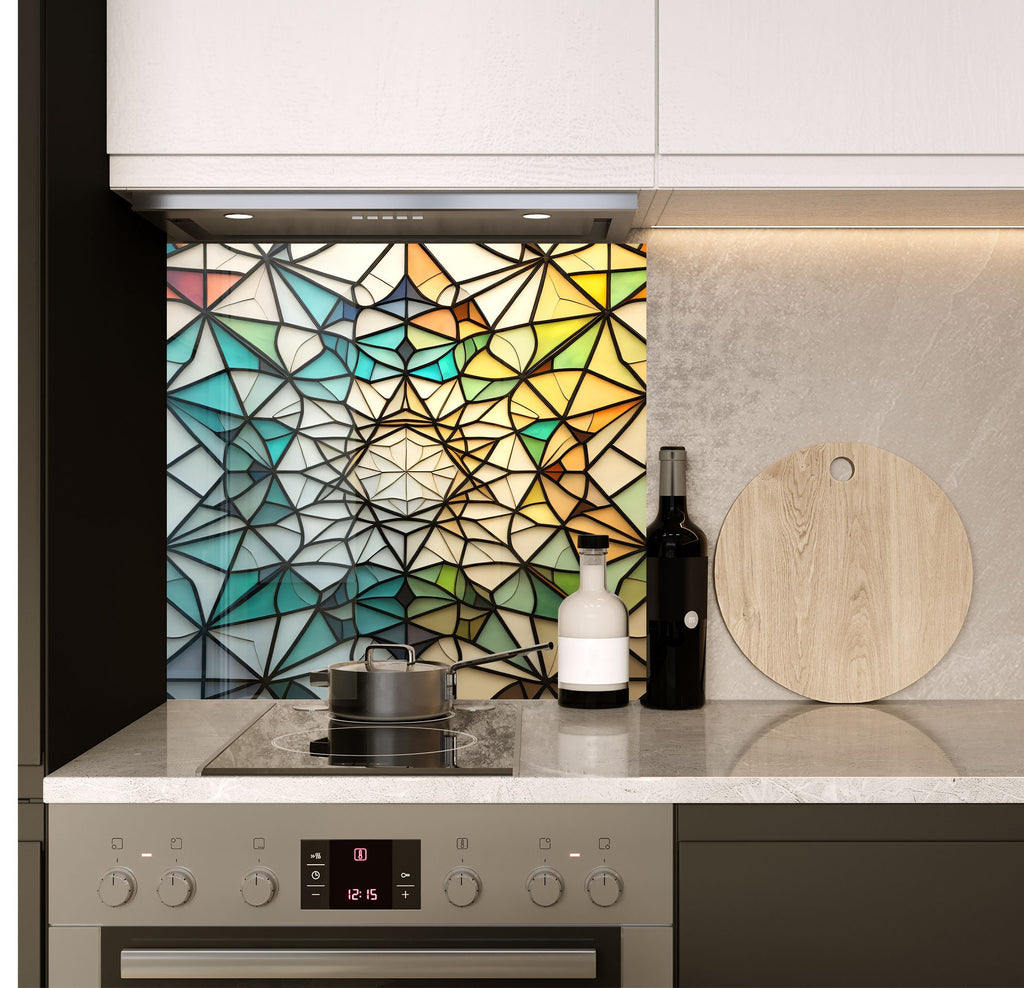 a kitchen with a stove top oven next to a cutting board