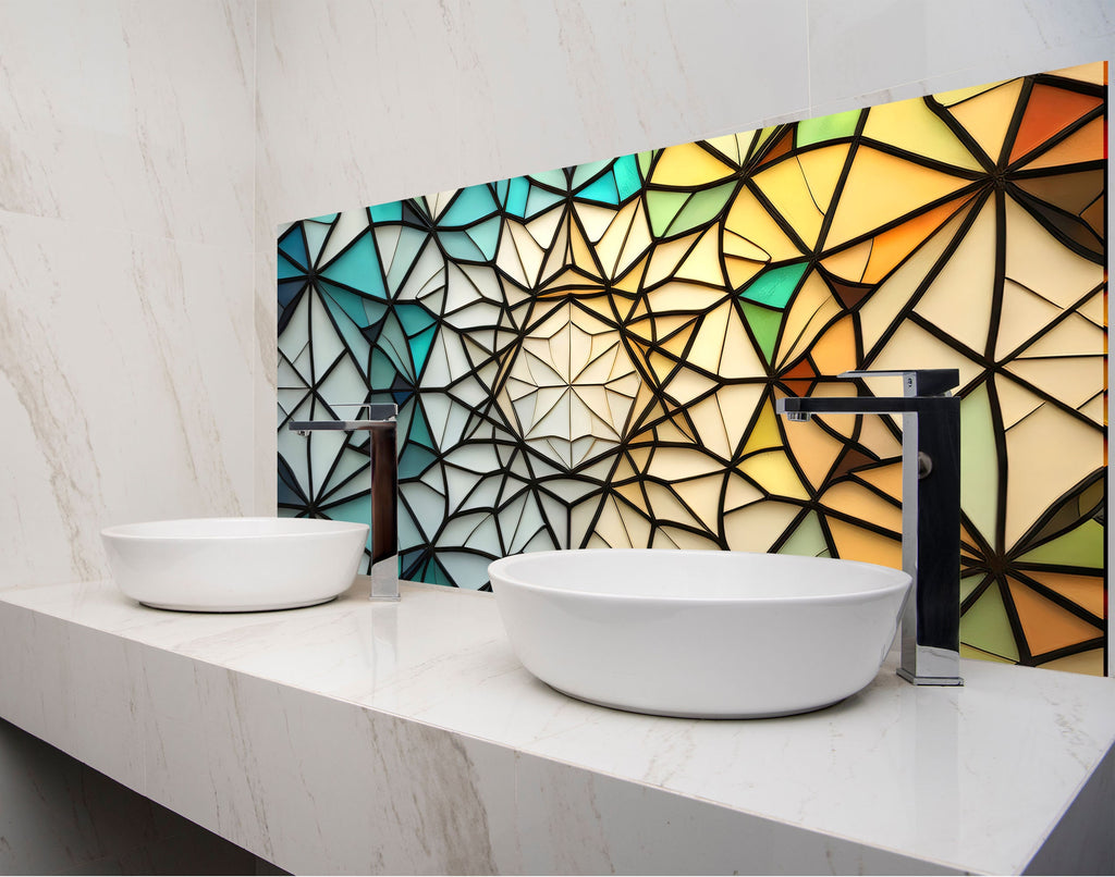 a bathroom with two sinks and a mosaic wall behind it