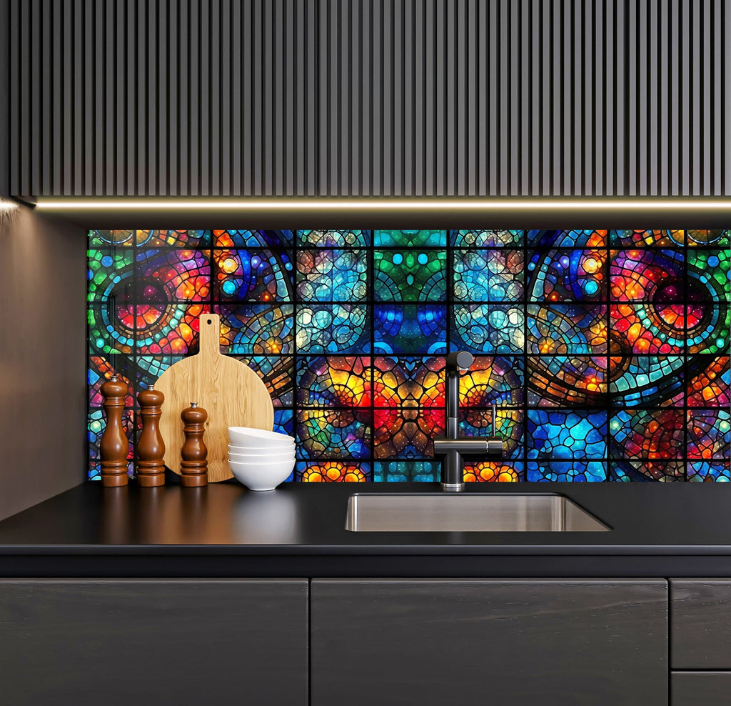 a kitchen counter with a sink and a large stained glass wall behind it