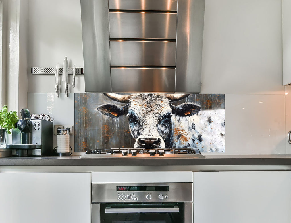 a painting of a cow is on the wall of a kitchen