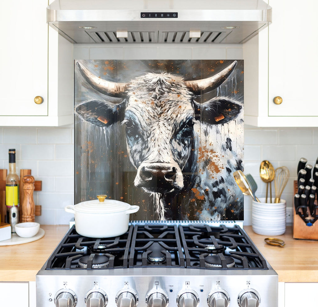 a painting of a cow is on the wall of a kitchen