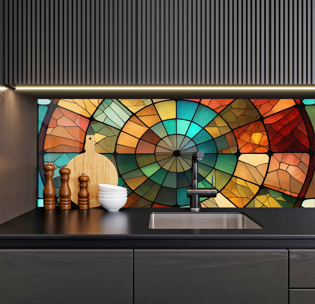 a kitchen counter with a sink and a large stained glass window behind it