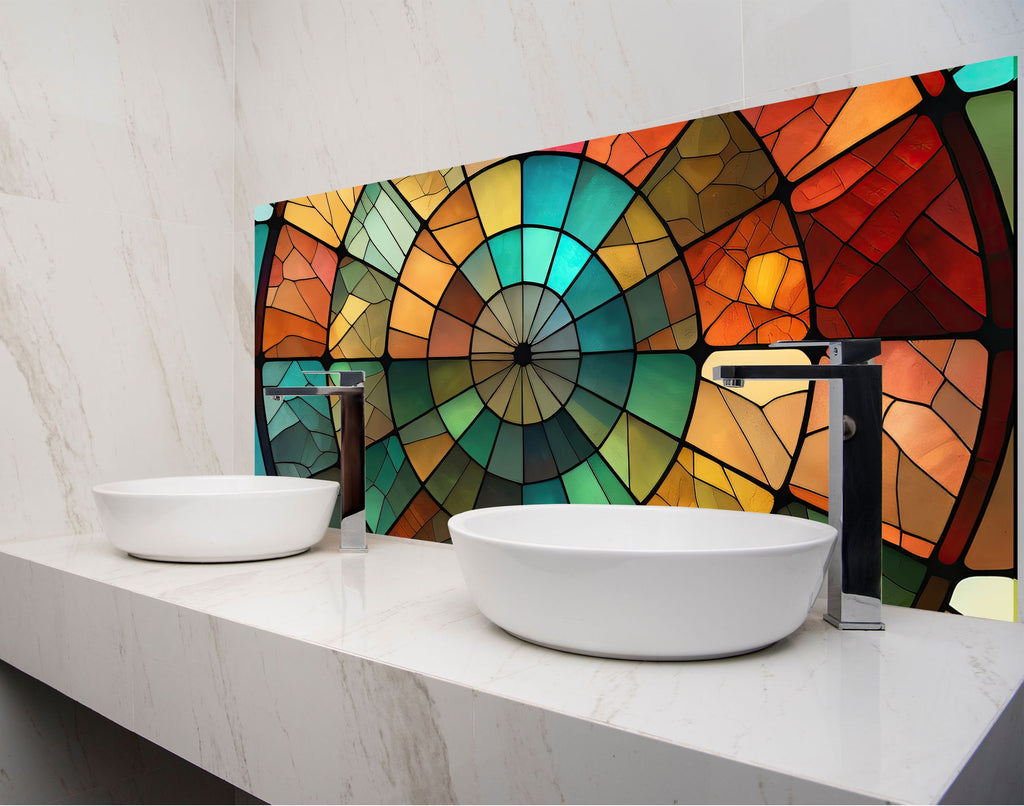 a bathroom with two sinks under a stained glass window