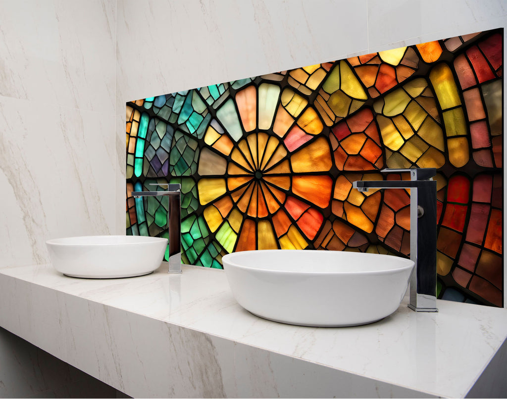 a bathroom with two sinks and a large stained glass window