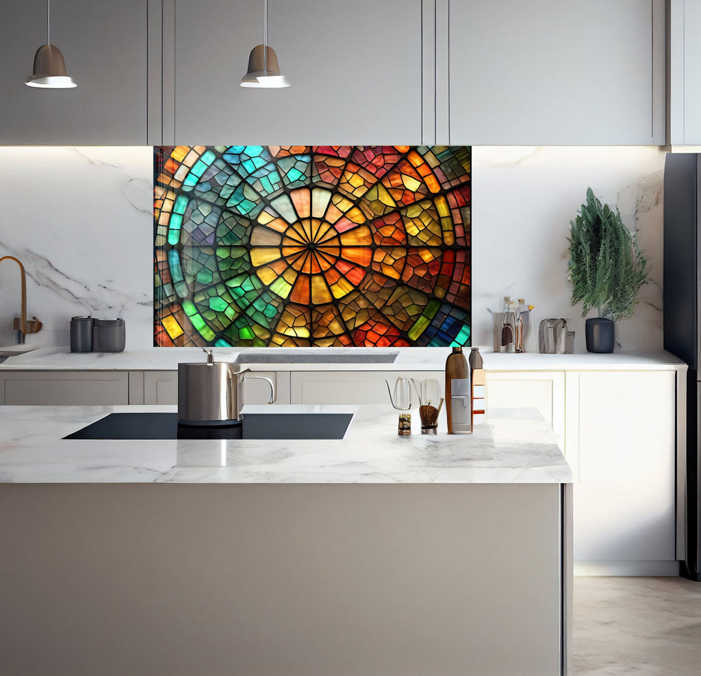 a kitchen with a marble counter top and a large stained glass window