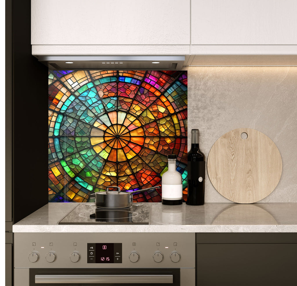 a kitchen with a stove top oven next to a bottle of wine