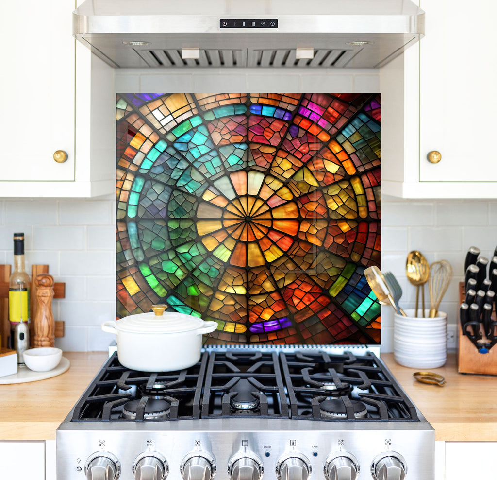 a stove top oven sitting under a stained glass window