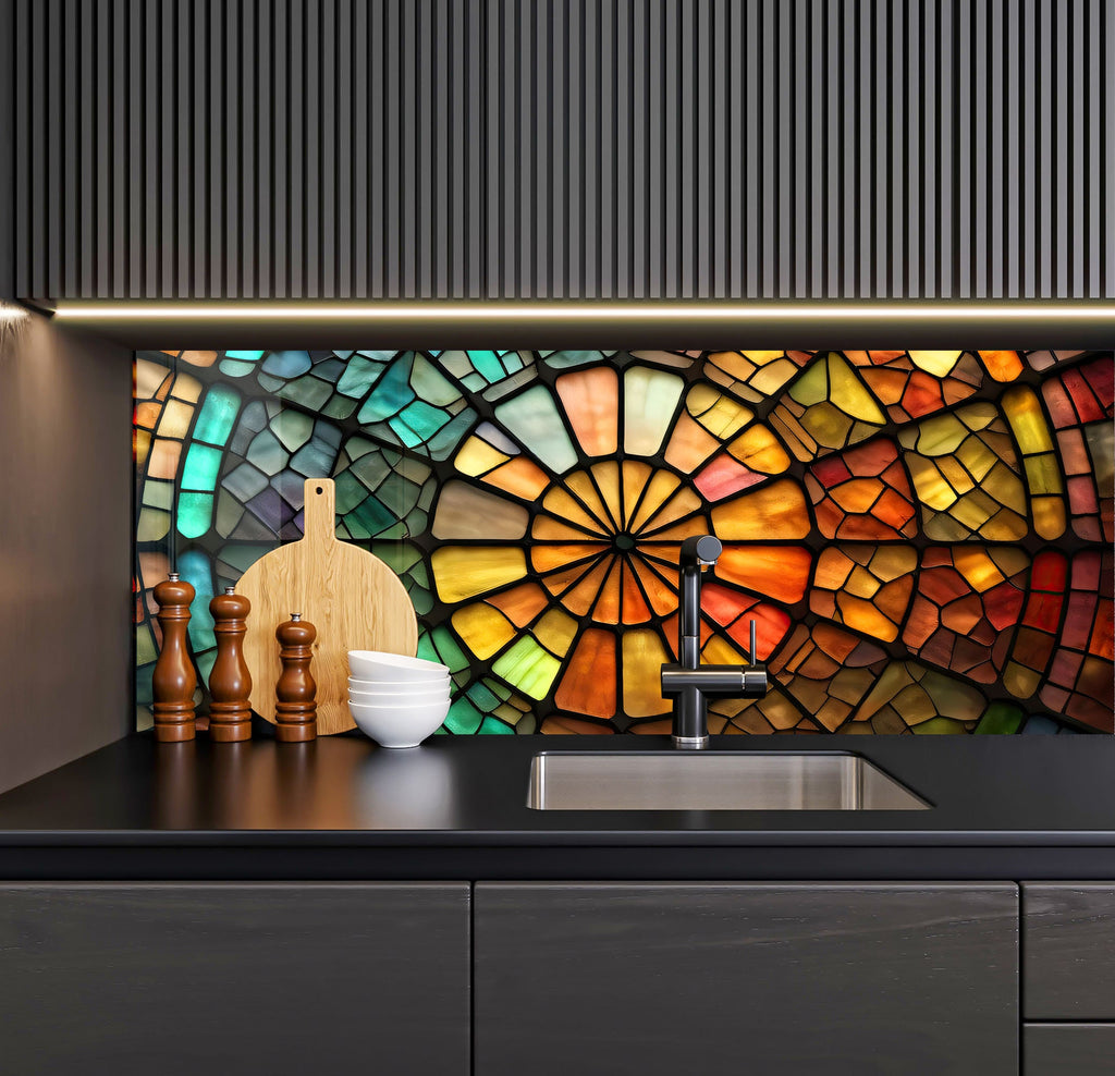 a kitchen counter with a sink and a large stained glass window