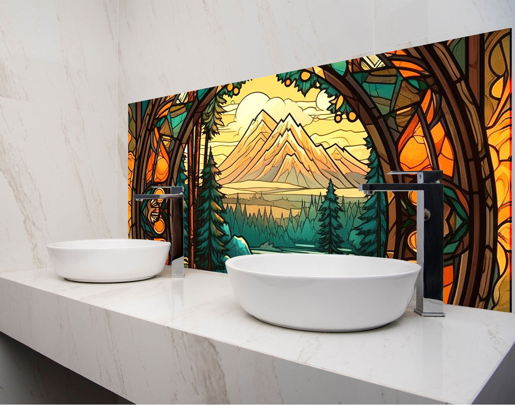 a bathroom with two sinks and a painting on the wall