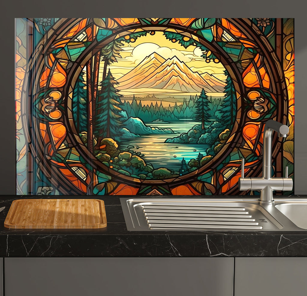 a kitchen with a sink and a painting on the wall