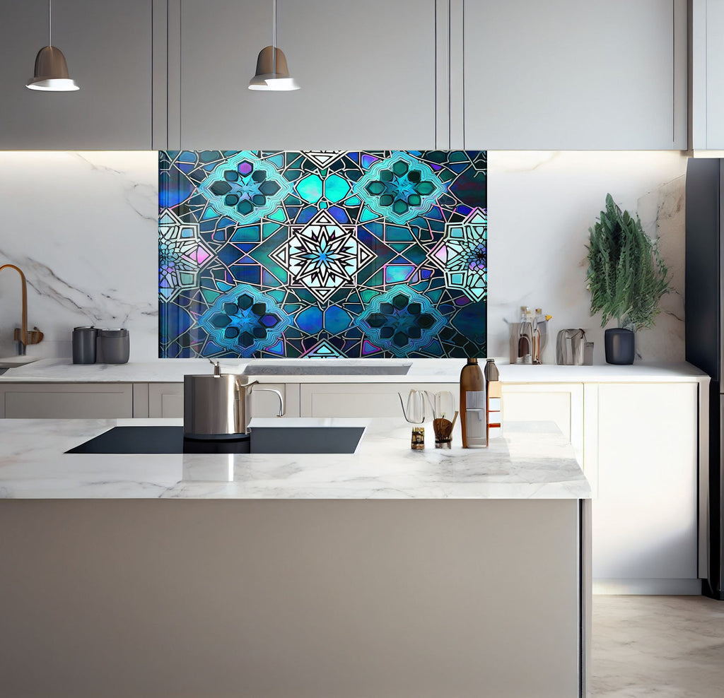 a kitchen with a marble counter top and a painting on the wall