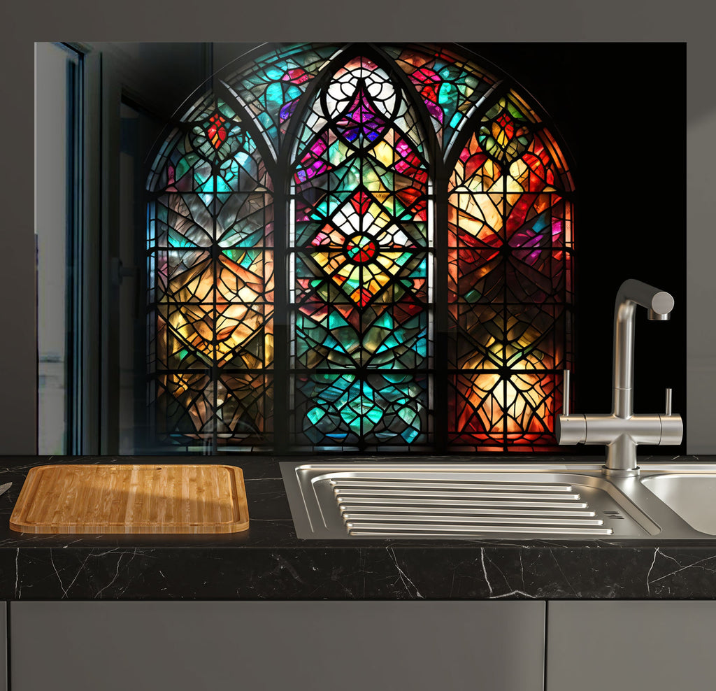 a kitchen with a sink and a large stained glass window